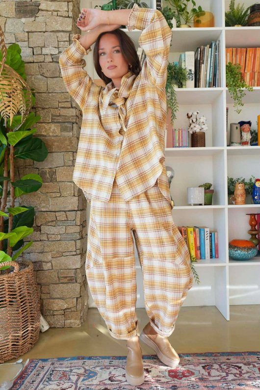 Agnes Plaid Brushed Cotton Neckerchief Blouse Soft Dijon